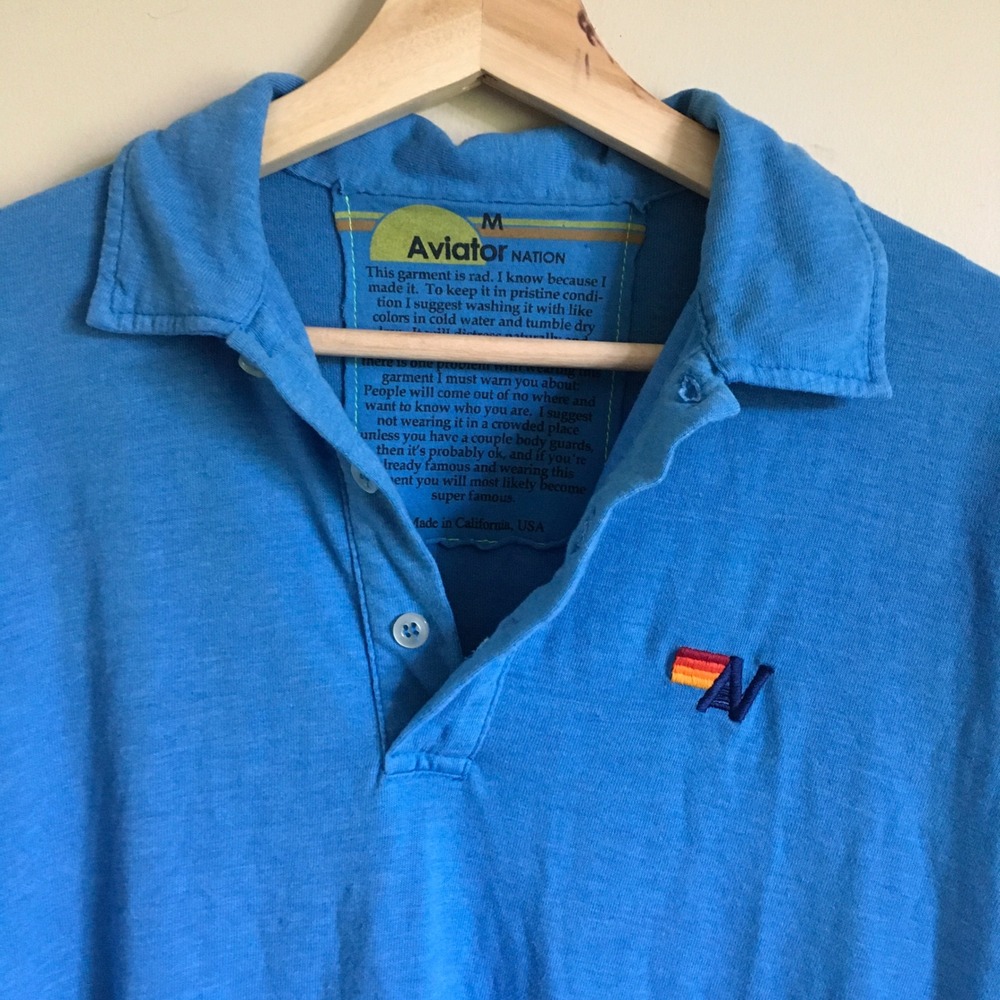 Aviator Nation Mens Blue Rainbow Logo Polo Shirt Short Sleeve Size M Made in USA - Picture 2 of 7